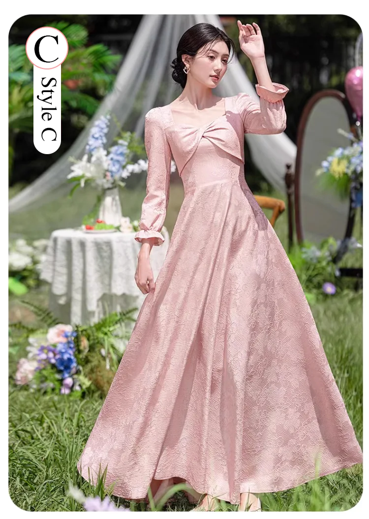 Pink-Jacquard-Fall-Winter-Wedding-Party-Long-Sleeve-Bridesmaid-Dress19