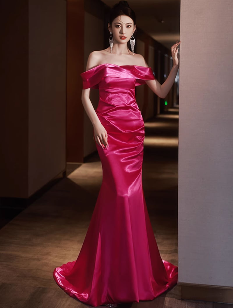 Sexy Rose Red Off Shoulder Satin Fishtail Evening Dress Maxi Gown01