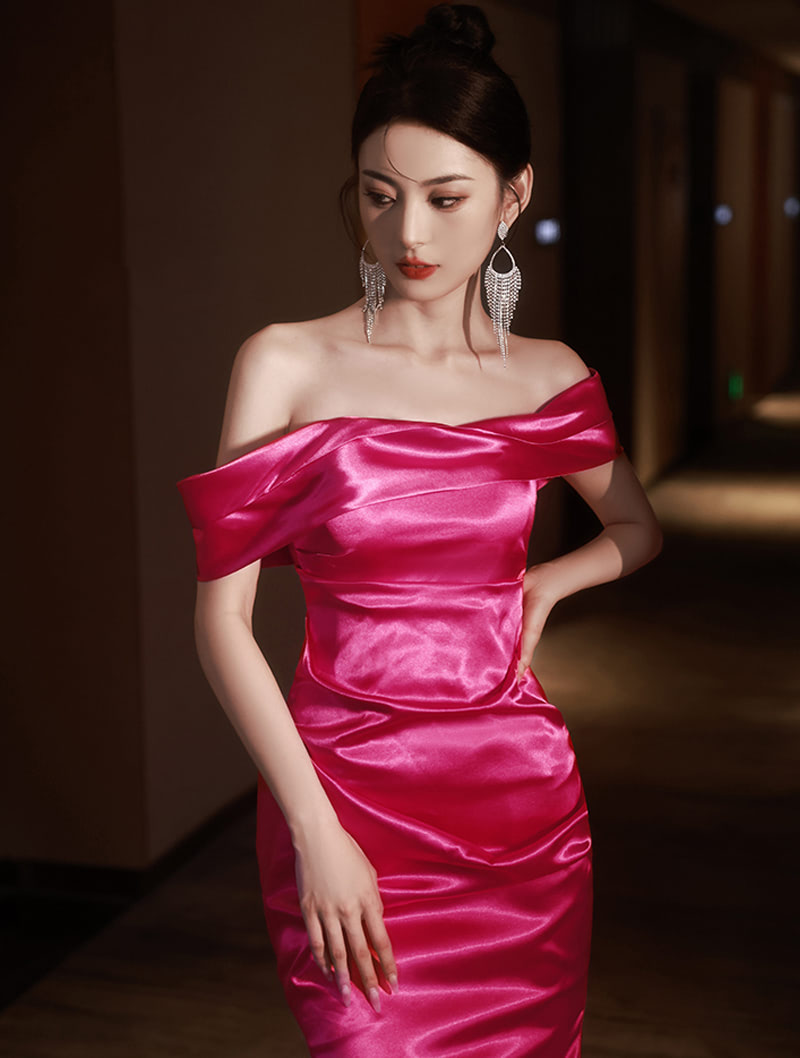 Sexy Rose Red Off Shoulder Satin Fishtail Evening Dress Maxi Gown01
