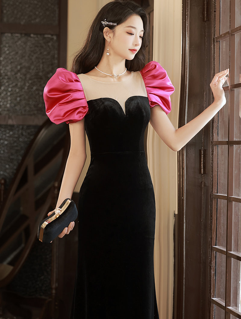 Short Puff Sleeve Round Neck Black Velvet Fishtail Evening Dress01