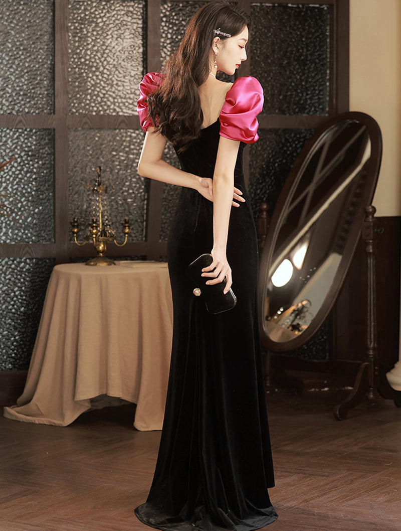 Short Puff Sleeve Round Neck Black Velvet Fishtail Evening Dress01