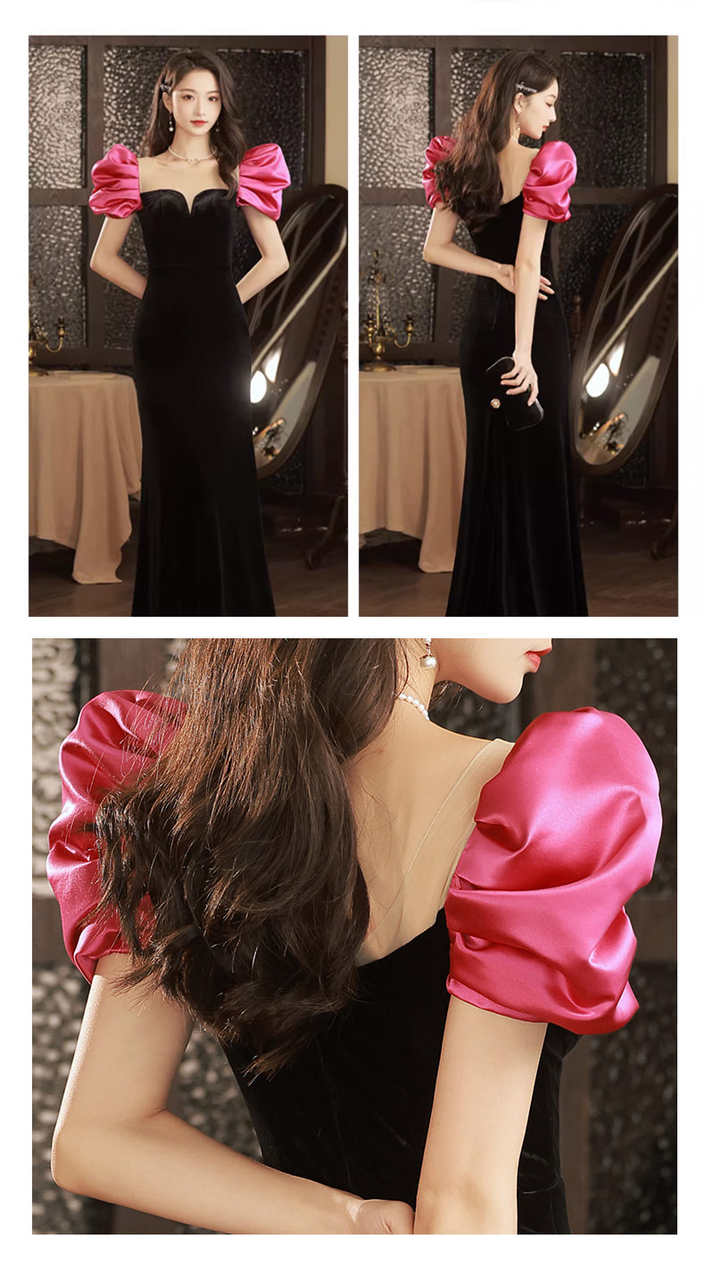 Short-Puff-Sleeve-Round-Neck-Black-Velvet-Fishtail-Evening-Dress07