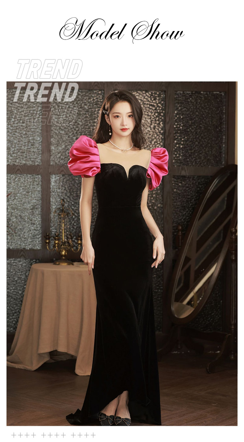 Short-Puff-Sleeve-Round-Neck-Black-Velvet-Fishtail-Evening-Dress08