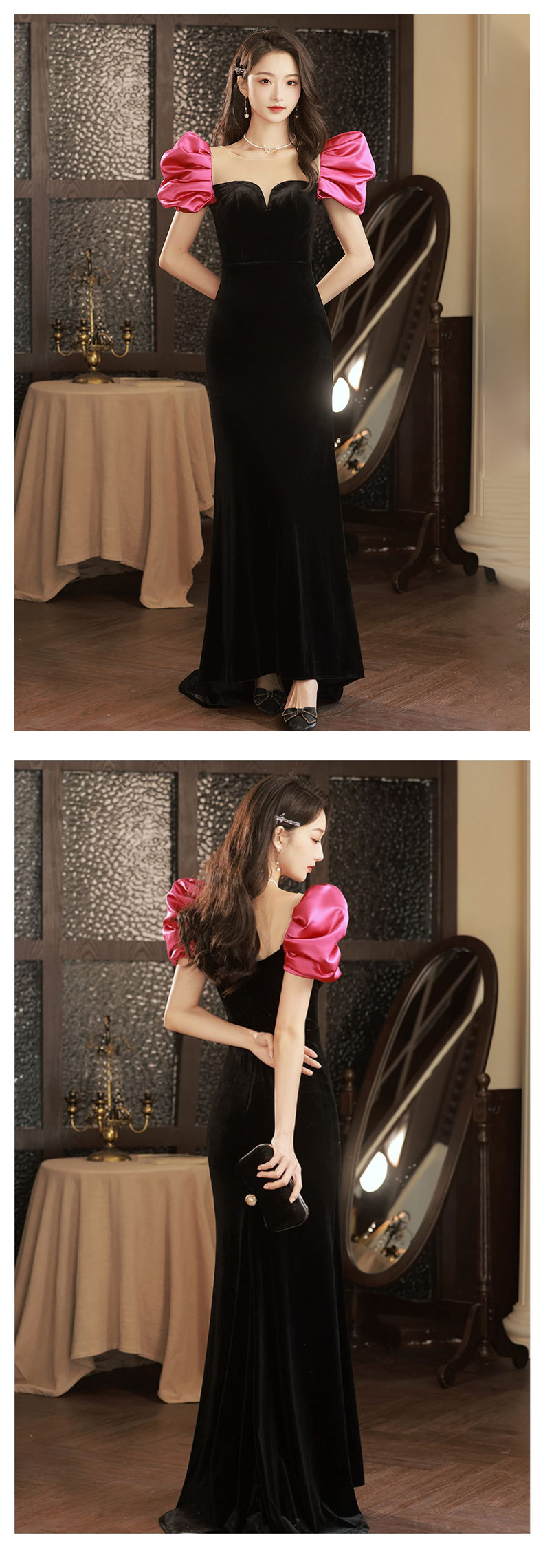 Short-Puff-Sleeve-Round-Neck-Black-Velvet-Fishtail-Evening-Dress12