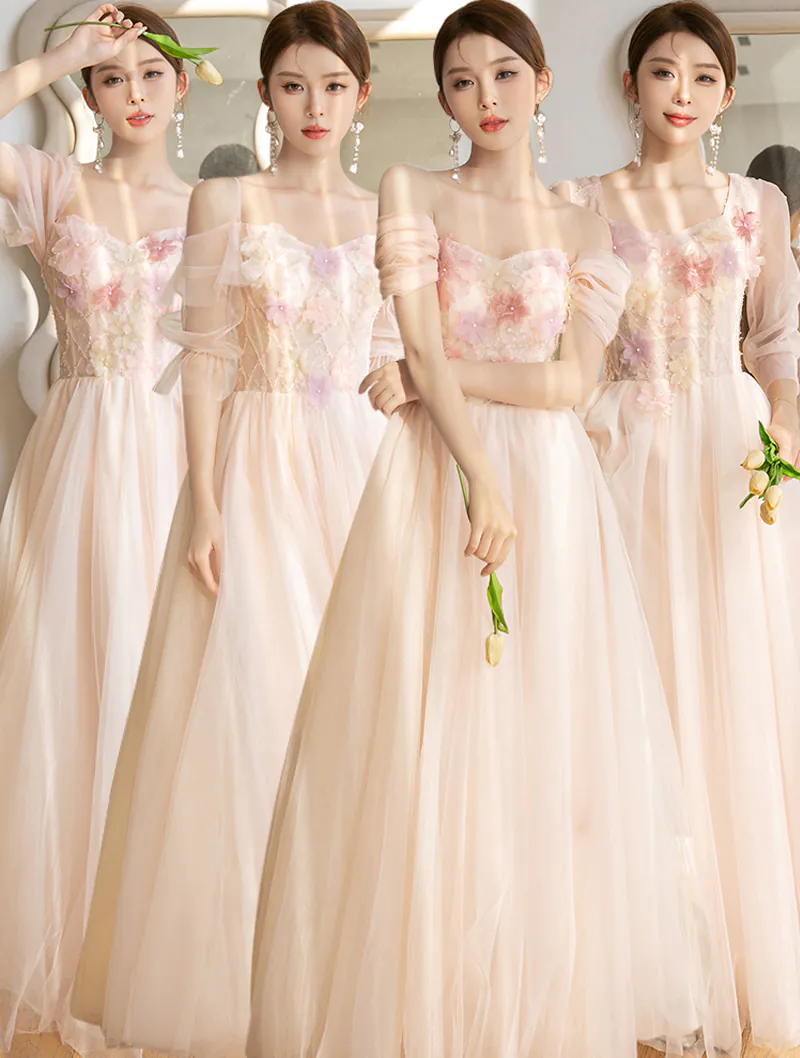 Sweet Embroidery Summer Floral Pink Chiffon Bridesmaid Long Dress01