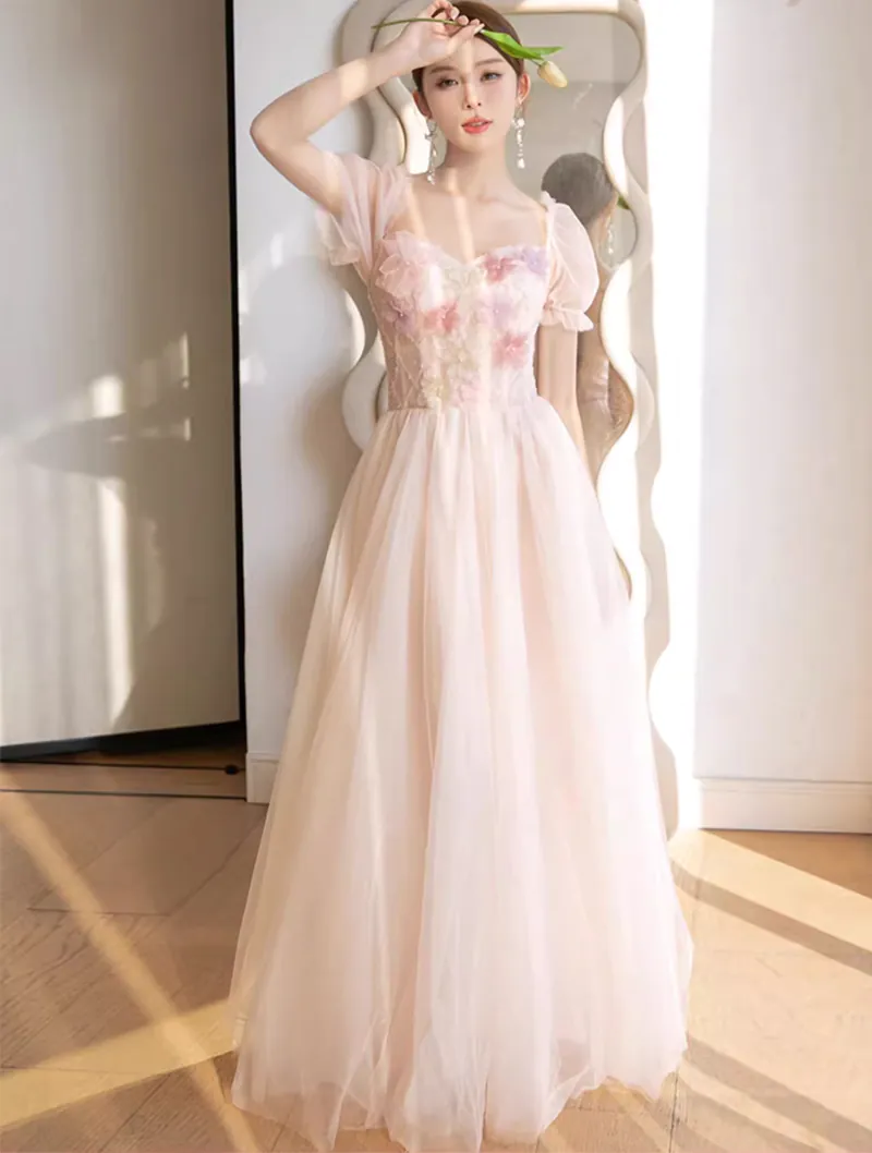 Sweet Embroidery Summer Floral Pink Chiffon Bridesmaid Long Dress02