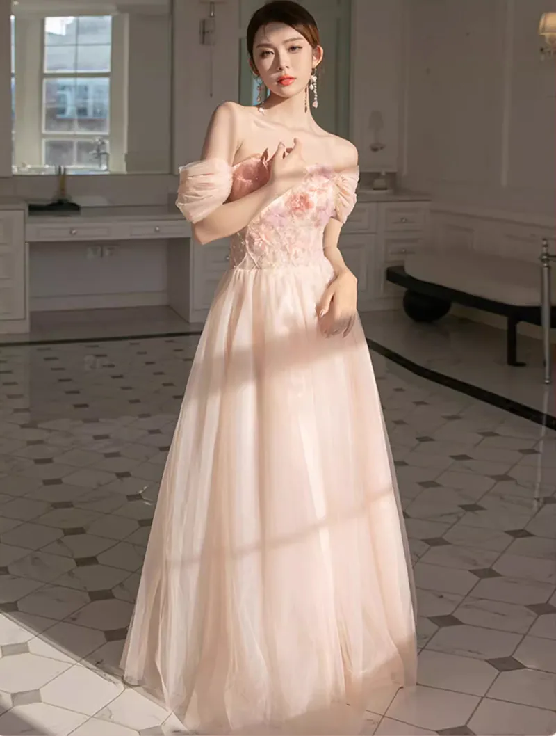Sweet Embroidery Summer Floral Pink Chiffon Bridesmaid Long Dress03
