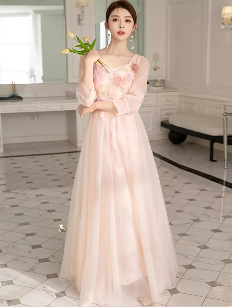 Sweet Embroidery Summer Floral Pink Chiffon Bridesmaid Long Dress01