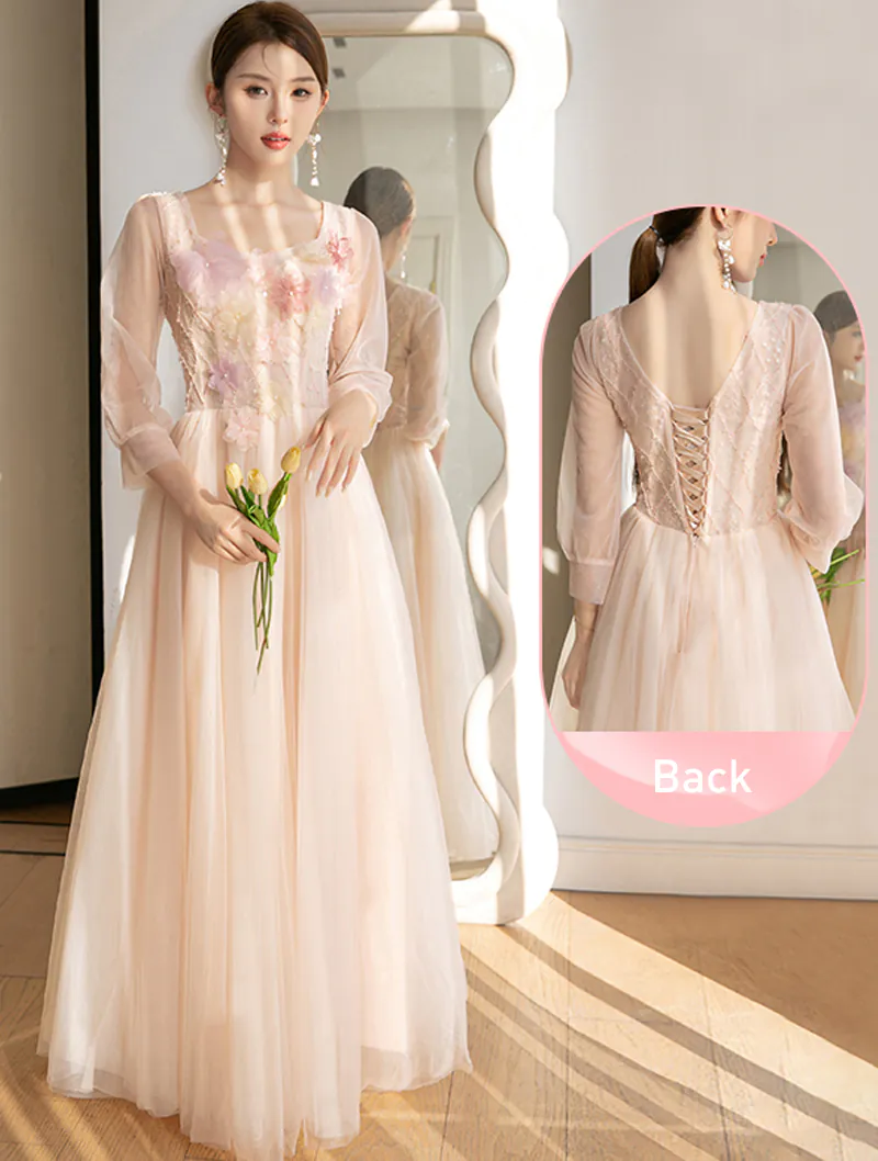 Sweet Embroidery Summer Floral Pink Chiffon Bridesmaid Long Dress 