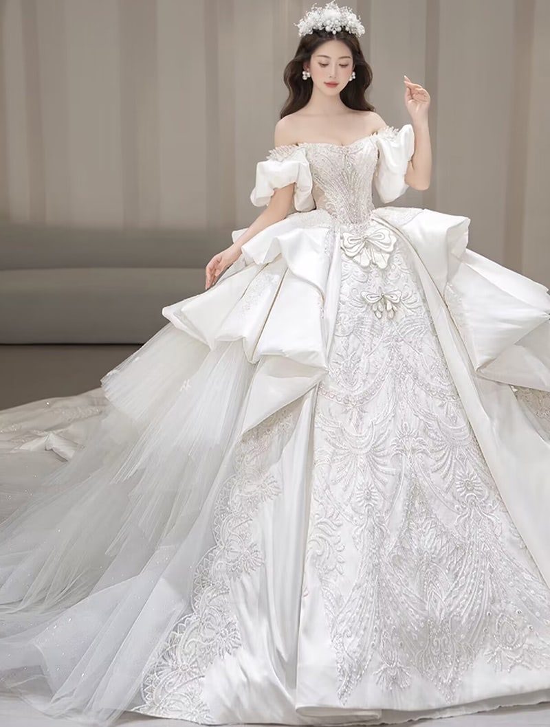 Vintage Princess White Satin Long Skirt Off the Shoulder Wedding Dress01