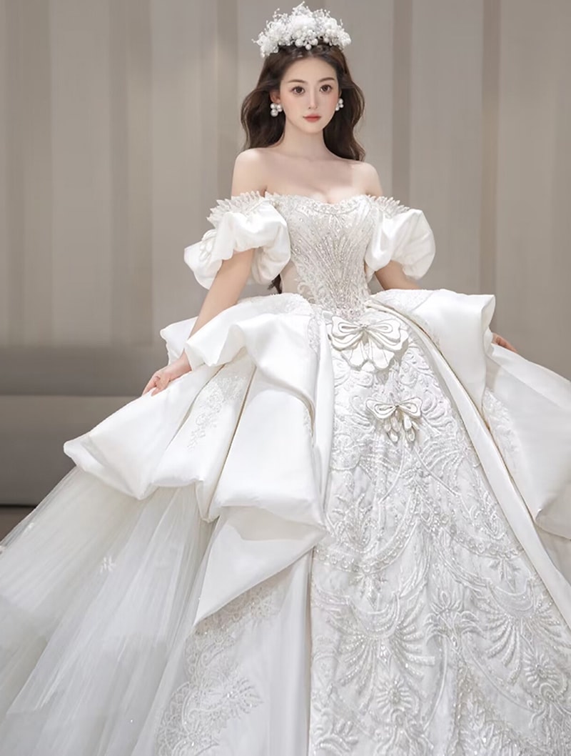 Vintage Princess White Satin Long Skirt Off the Shoulder Wedding Dress02