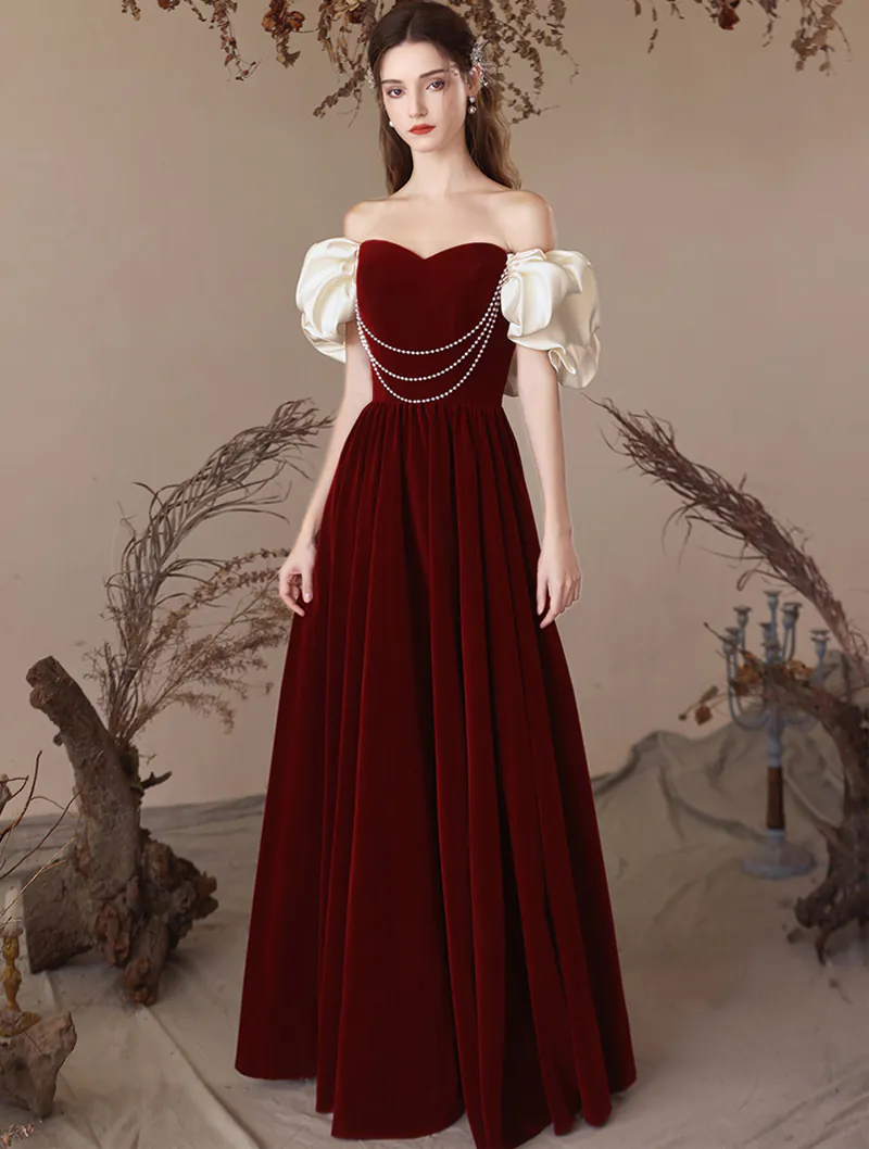 Elegant Off the Shoulder Burgundy Velvet Cocktail Engagement Dress01