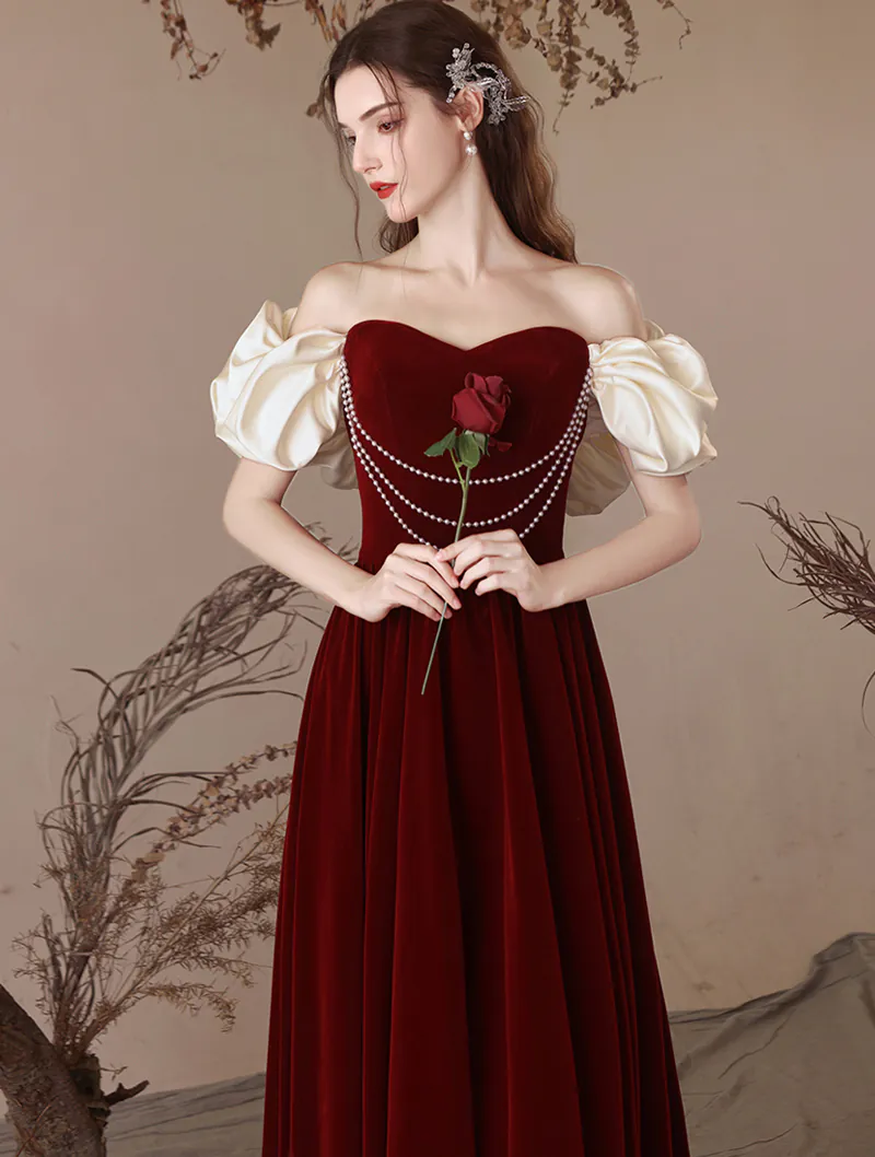 Elegant Off the Shoulder Burgundy Velvet Cocktail Engagement Dress02