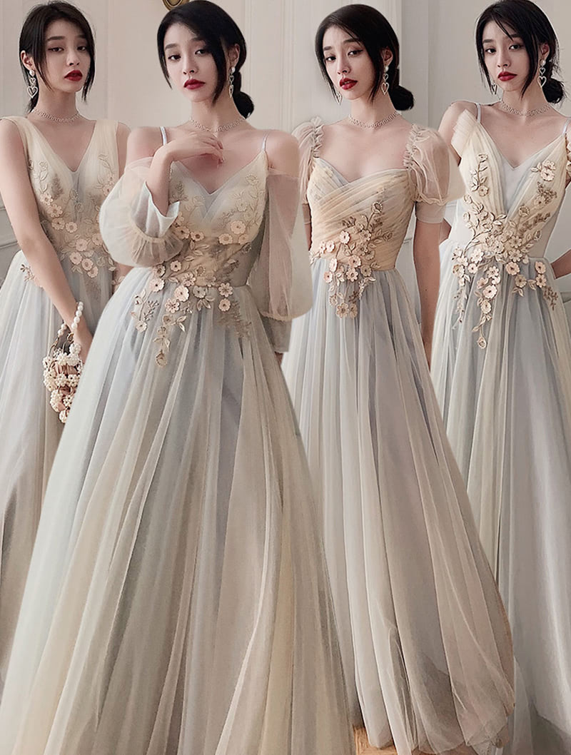 Flattering Grey Tulle Chiffon Wedding Bridesmaid Long Dress Plus Size01