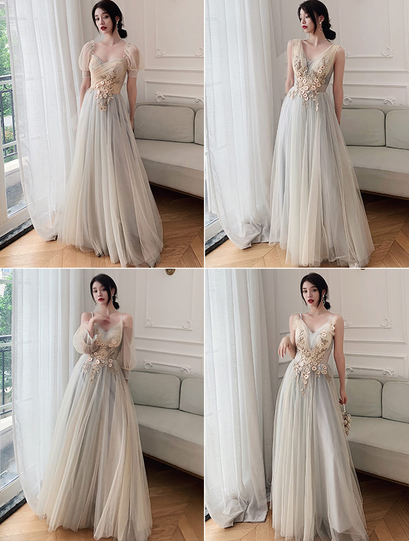 Flattering Grey Tulle Chiffon Wedding Bridesmaid Long Dress Plus Size01