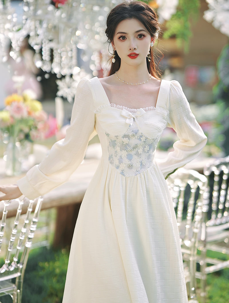 French Vintage Style Embroidery Patchwork Long Sleeve Casual Dress02