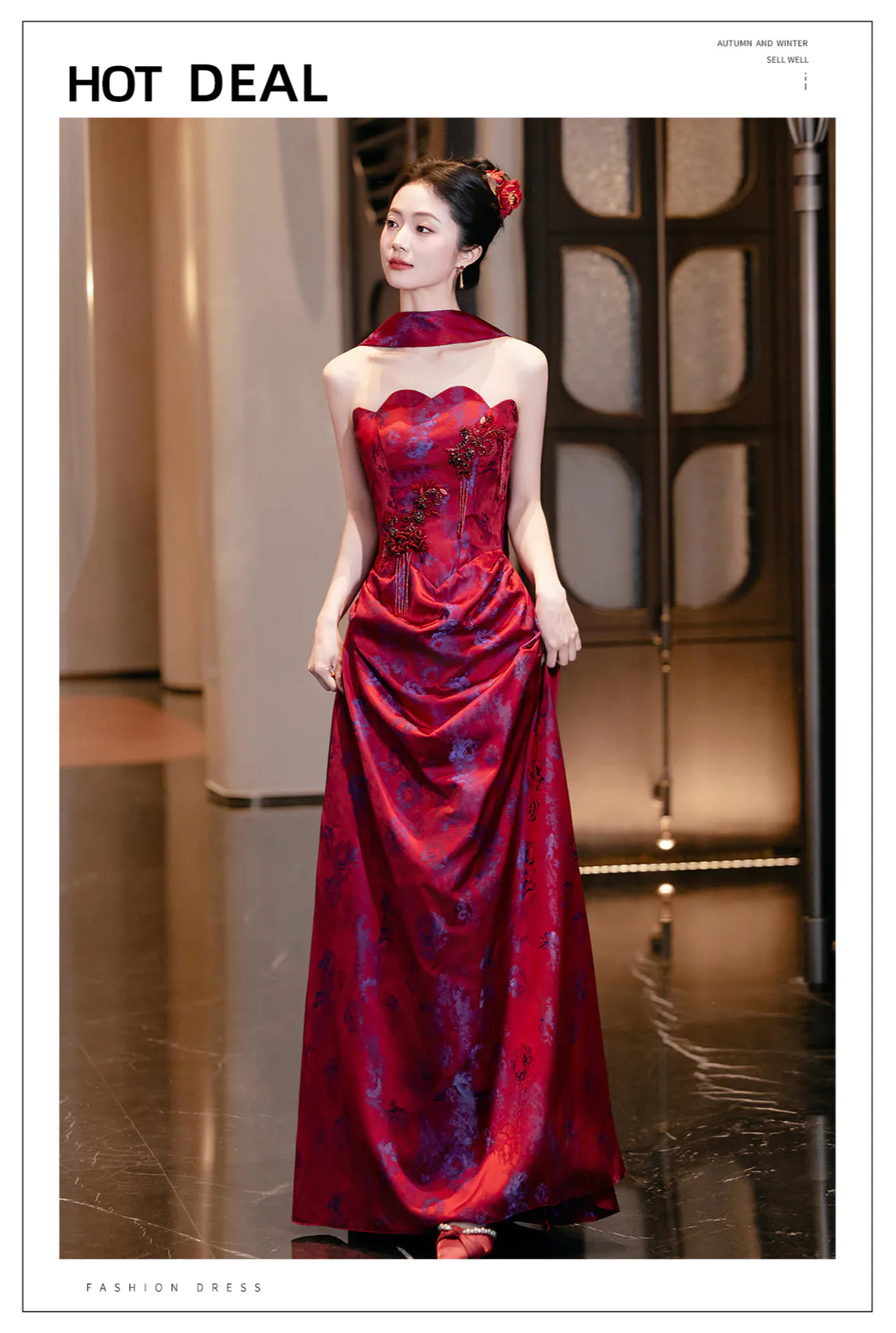 Glamorous-Burgundy-Strapless-Floral-Jacquard-Wedding-Toast-Evening-Dress07