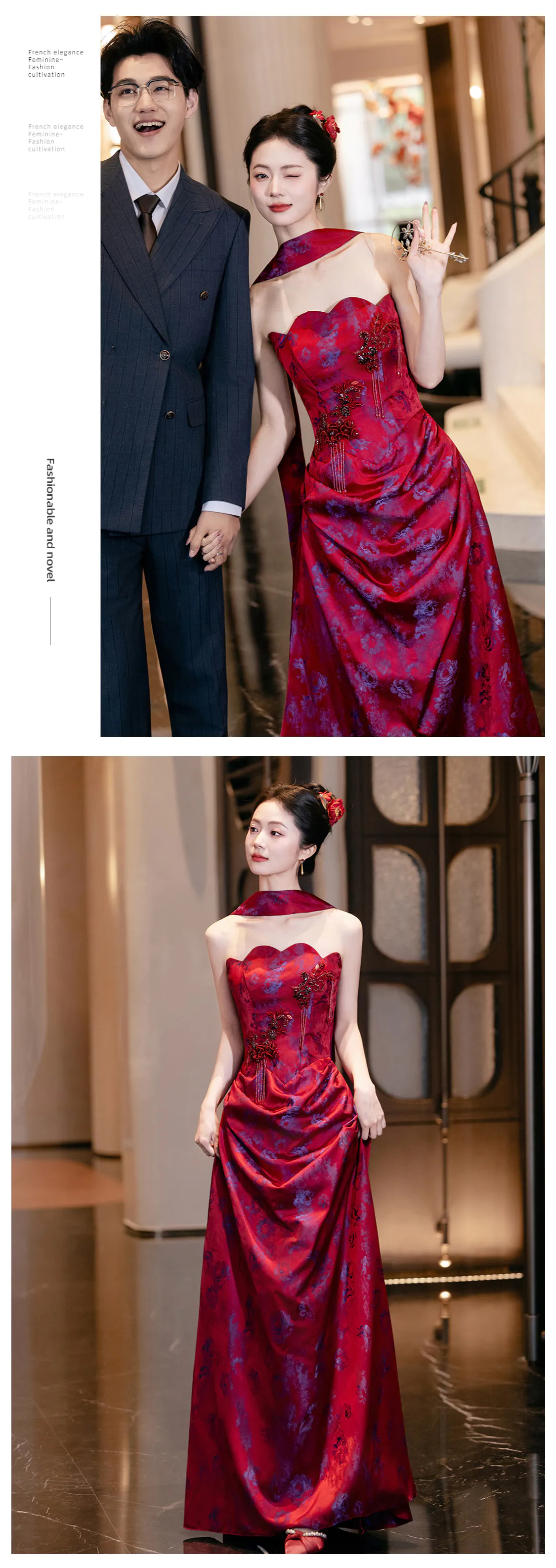 Glamorous-Burgundy-Strapless-Floral-Jacquard-Wedding-Toast-Evening-Dress11