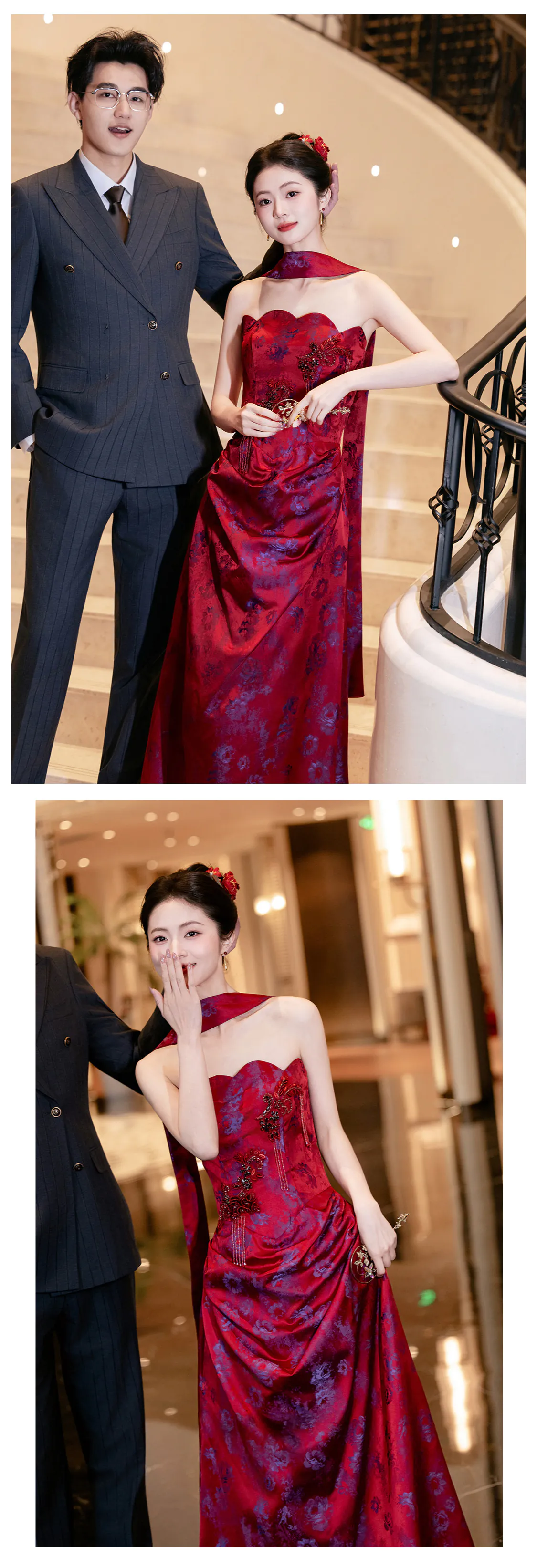 Glamorous-Burgundy-Strapless-Floral-Jacquard-Wedding-Toast-Evening-Dress13