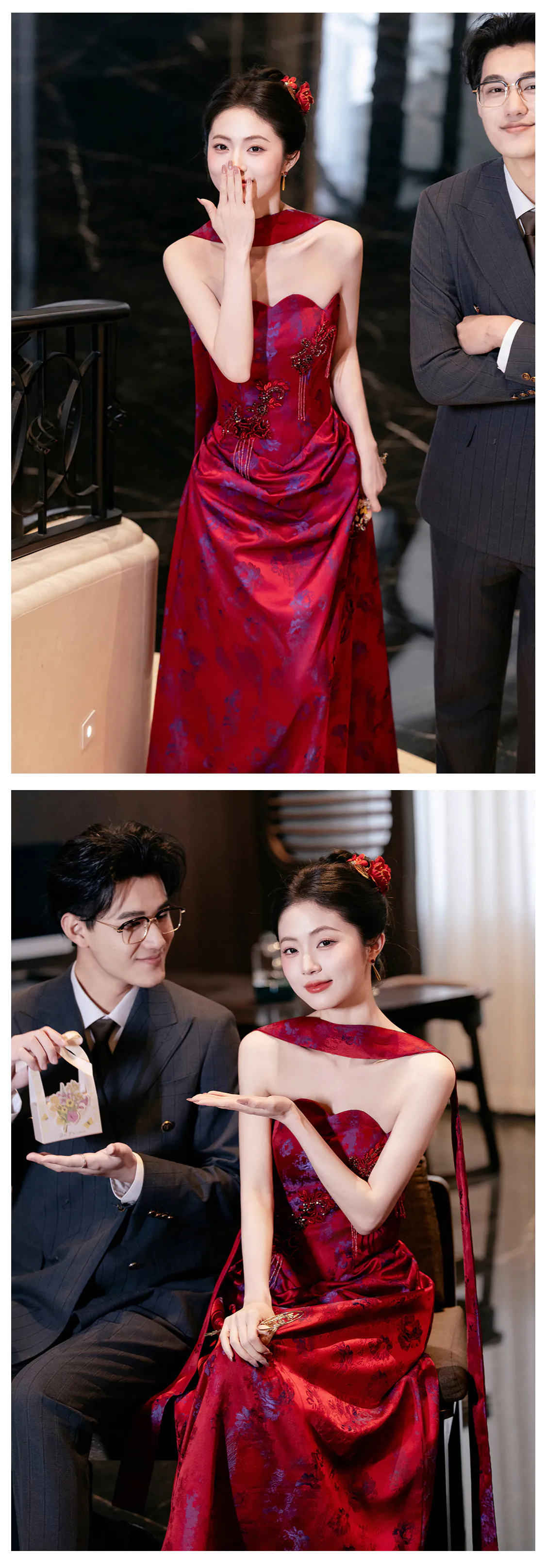 Glamorous-Burgundy-Strapless-Floral-Jacquard-Wedding-Toast-Evening-Dress14
