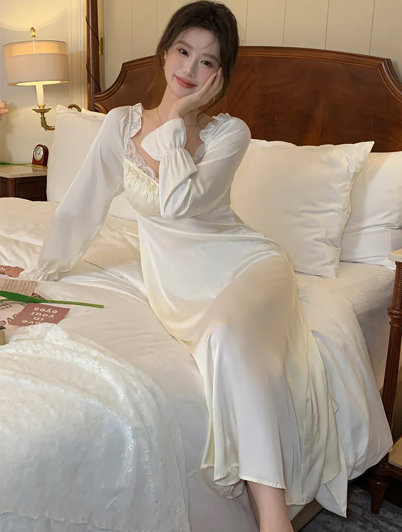 Ladies Sweet Ruffle Long Sleeve Robe Nightgown Sleepwear with Built In Bra02