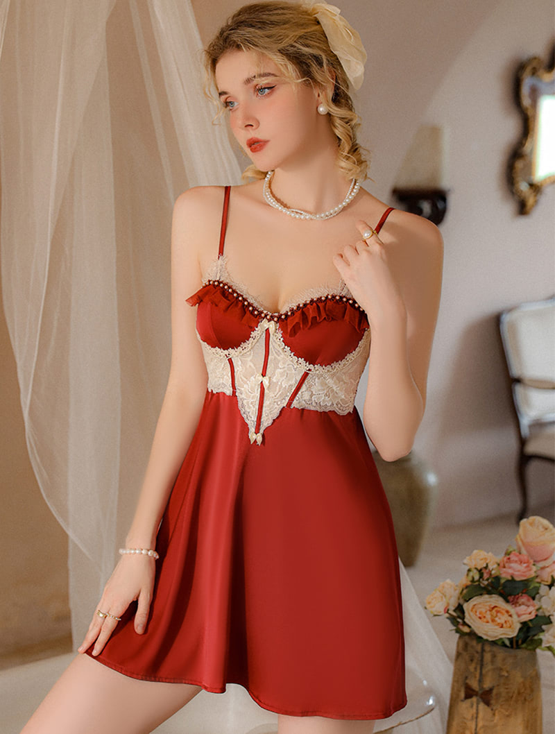 Low Cut V neck Red Lace Open Back Slip Nightgown Chemise Slip Dress01