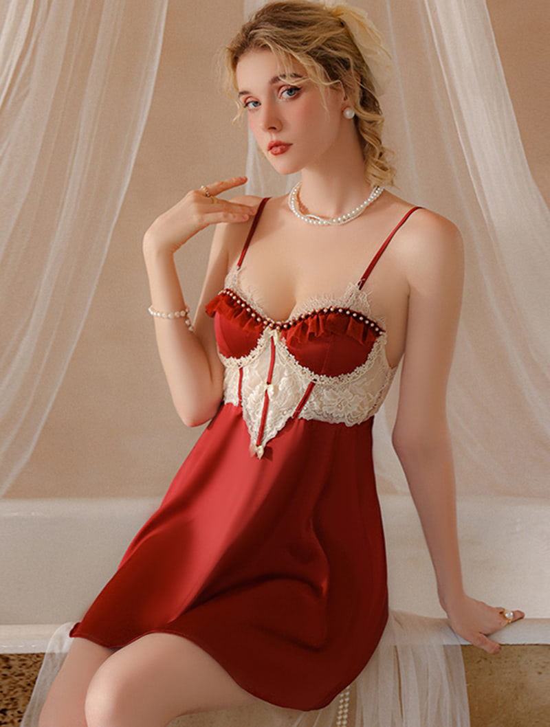 Low Cut V neck Red Lace Open Back Slip Nightgown Chemise Slip Dress02