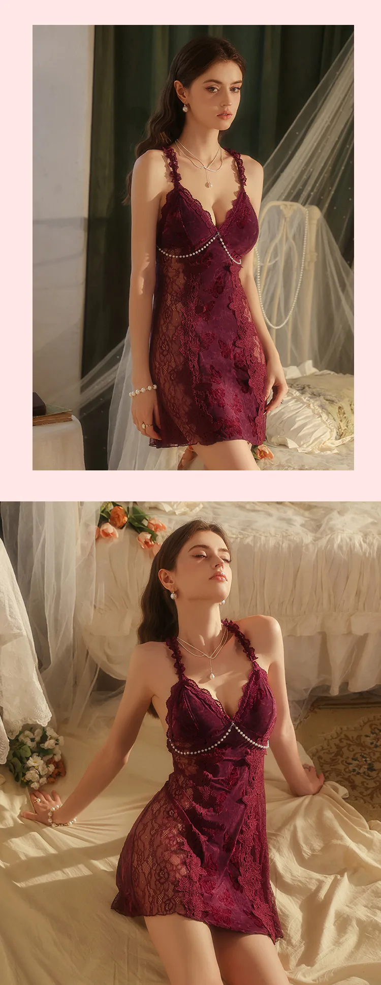 Purple-Velvet-V-Neck-Lace-Trim-Open-Back-Push-Up-Padded-Cami-Nightgown13