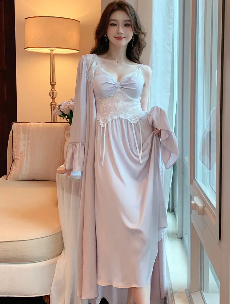 Romantic French Style Hollow Slip Nightgown with Long Sleeve Robe01