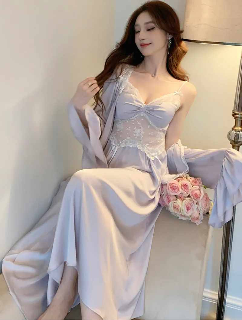 Romantic French Style Hollow Slip Nightgown with Long Sleeve Robe02