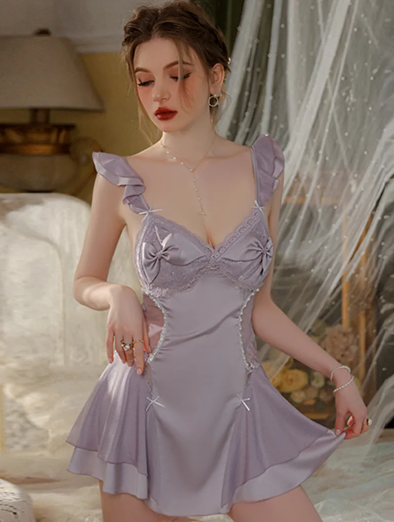 Sexy Deep V Lace Satin See Through Nightgown Sleepwear01