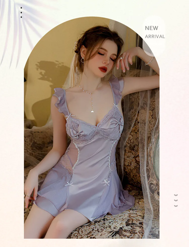 Sexy Deep V Lace Satin See Through Nightgown Sleepwear – FloraShe