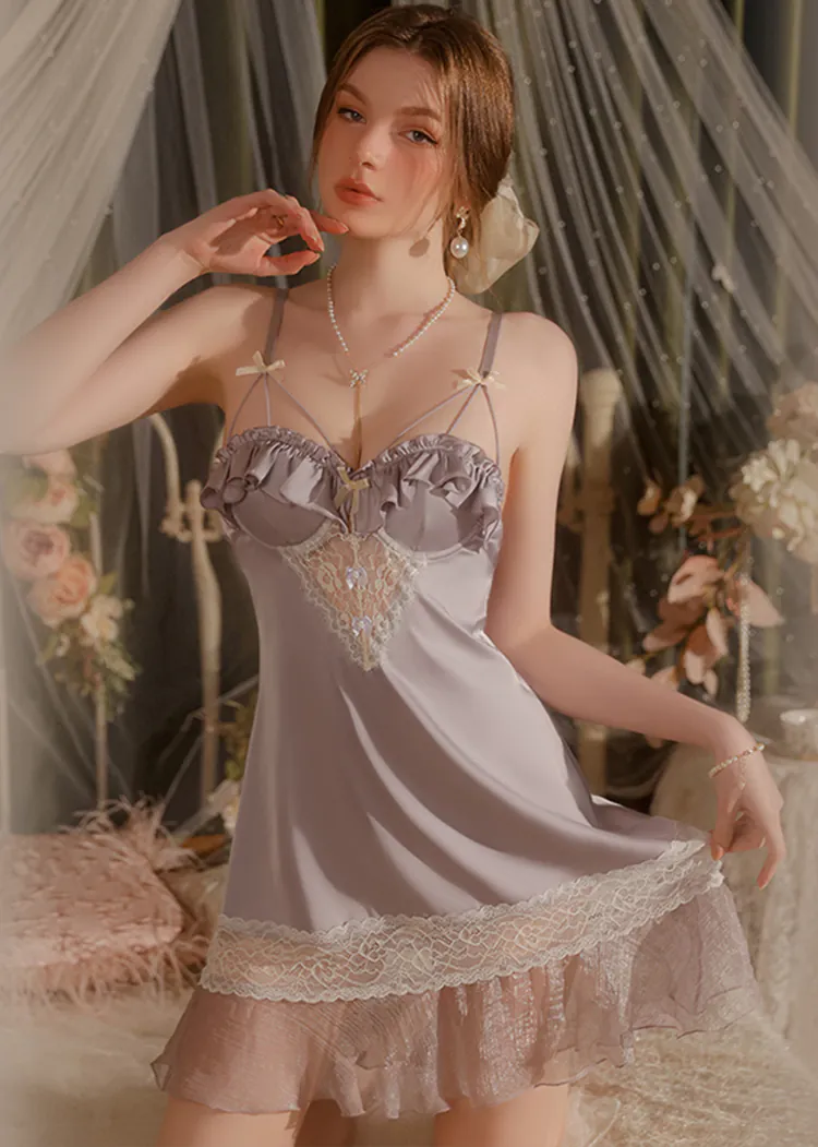 Ladies Sweet Ruffle Long Sleeve Robe Nightgown Sleepwear with Built In Bra  – FloraShe