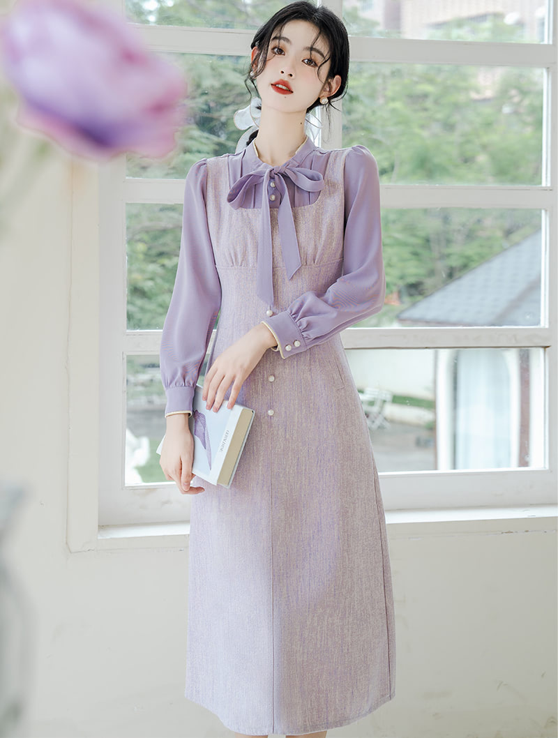 Sweet French Style Long Sleeve Fake Two Piece Casual Dress with Bow01