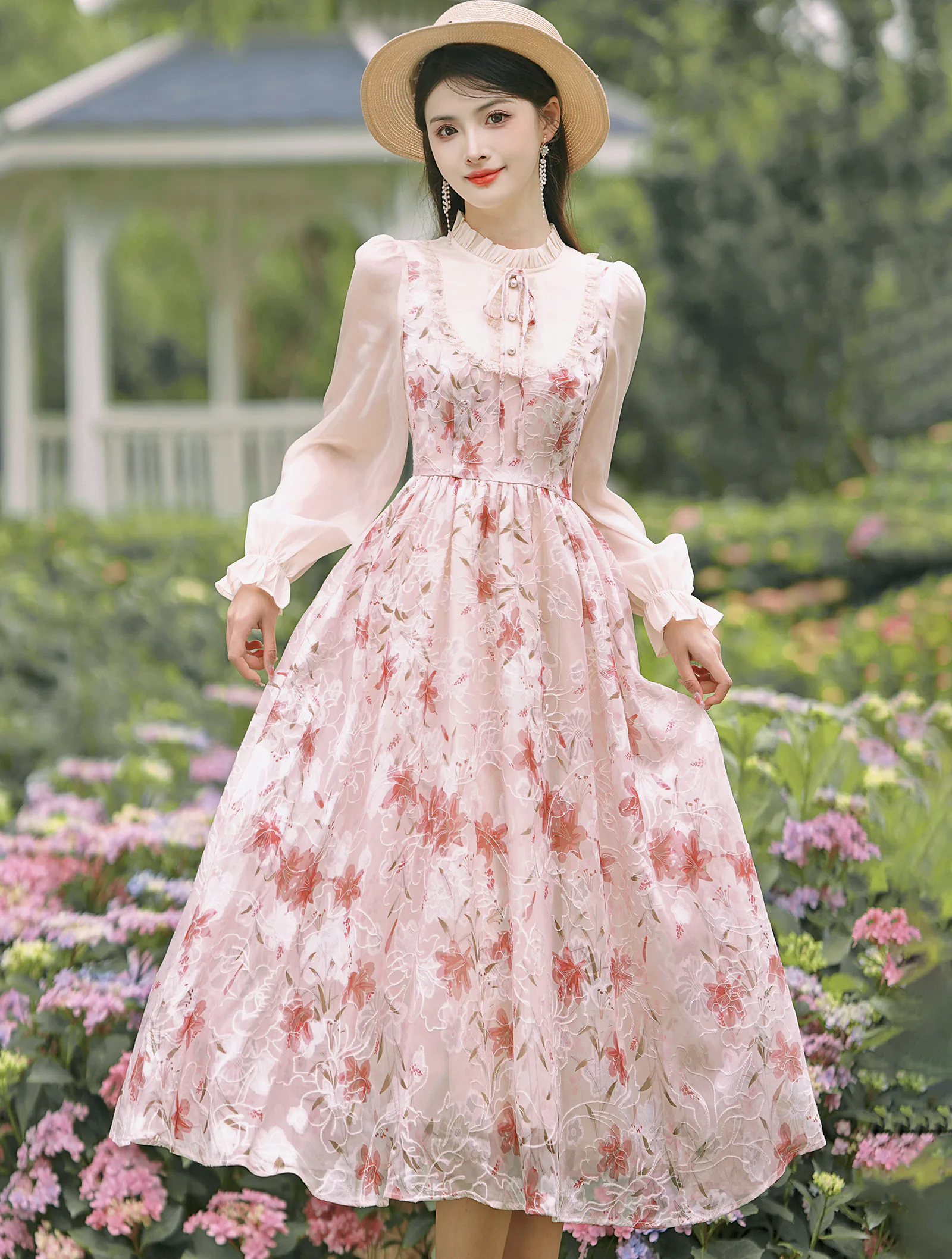 Sweet Gentle Ladies French Patchwork Long Sleeve Floral Chiffon Dress01