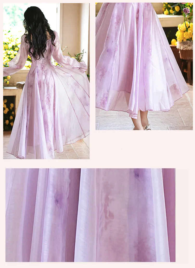 13460 Purple Square Collar Chiffon Dress