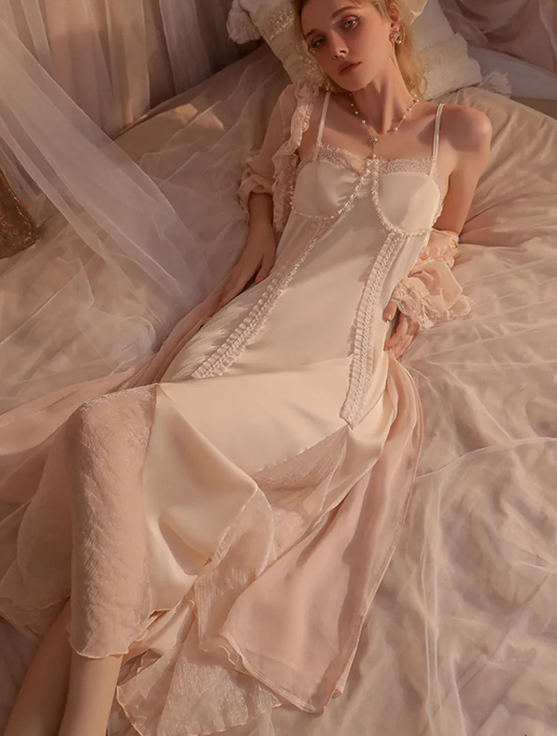 Sweet Princess Style Mesh Tulle Slip Dress with Robe Sleepwear 2 Piece Set02