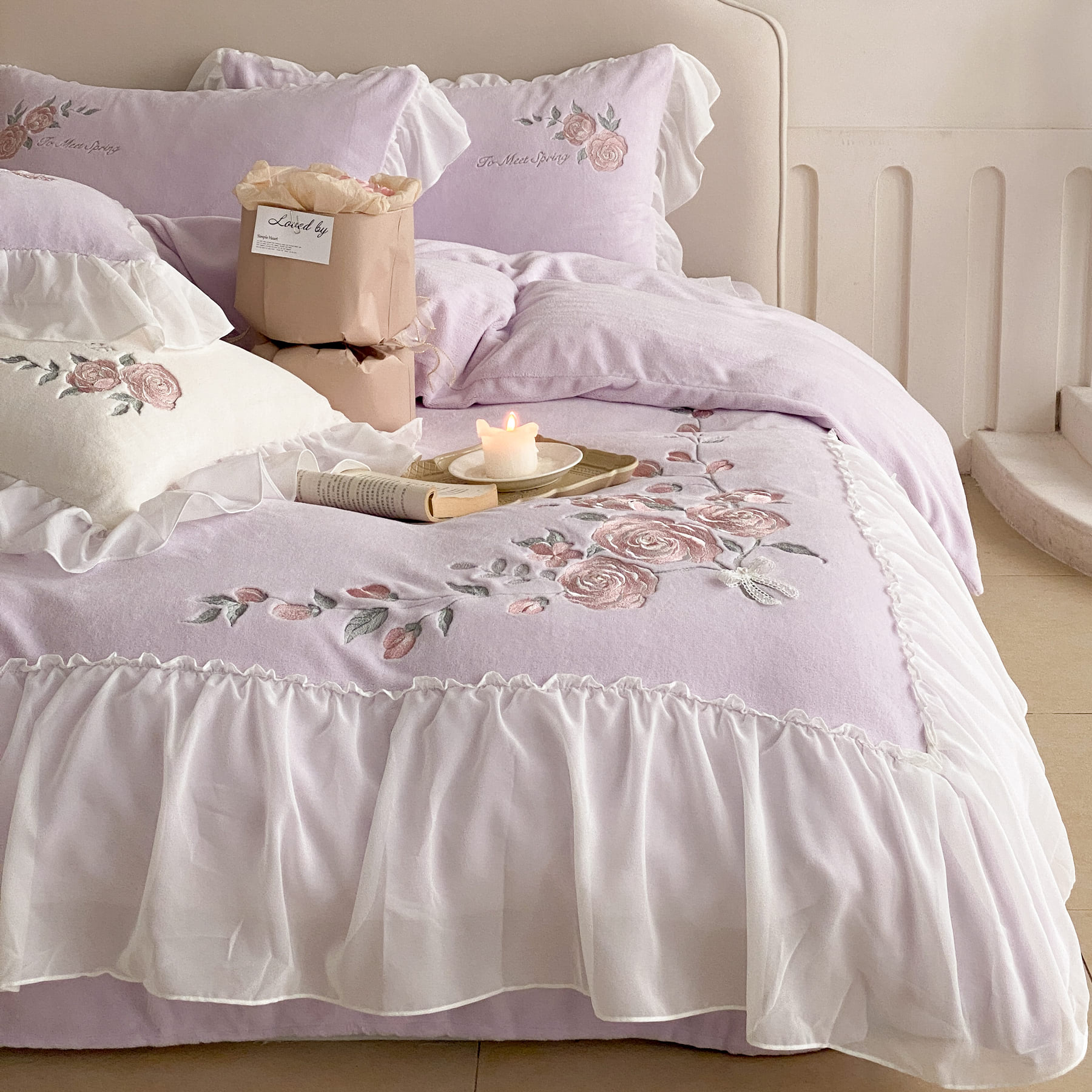 Comfort Milk Velvet Ruffle Embroidery Duvet Cover Bed 4 Piece Sets01
