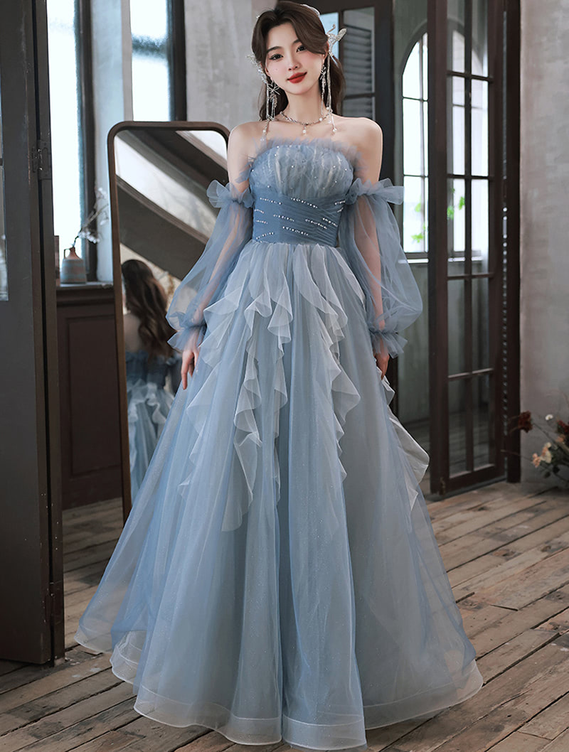 Fairy Blue Off the Shoulder Long Tulle Sleeves Prom Party Maxi Dress01