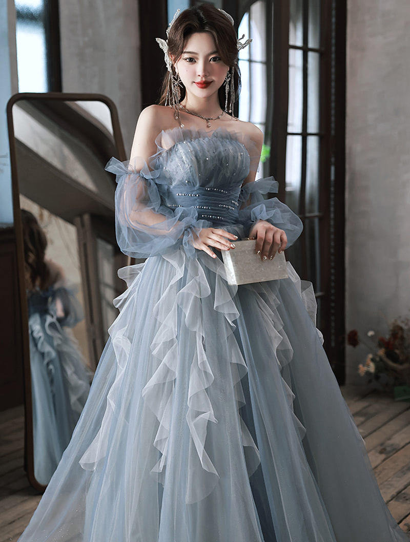 Fairy Blue Off the Shoulder Long Tulle Sleeves Prom Party Maxi Dress02