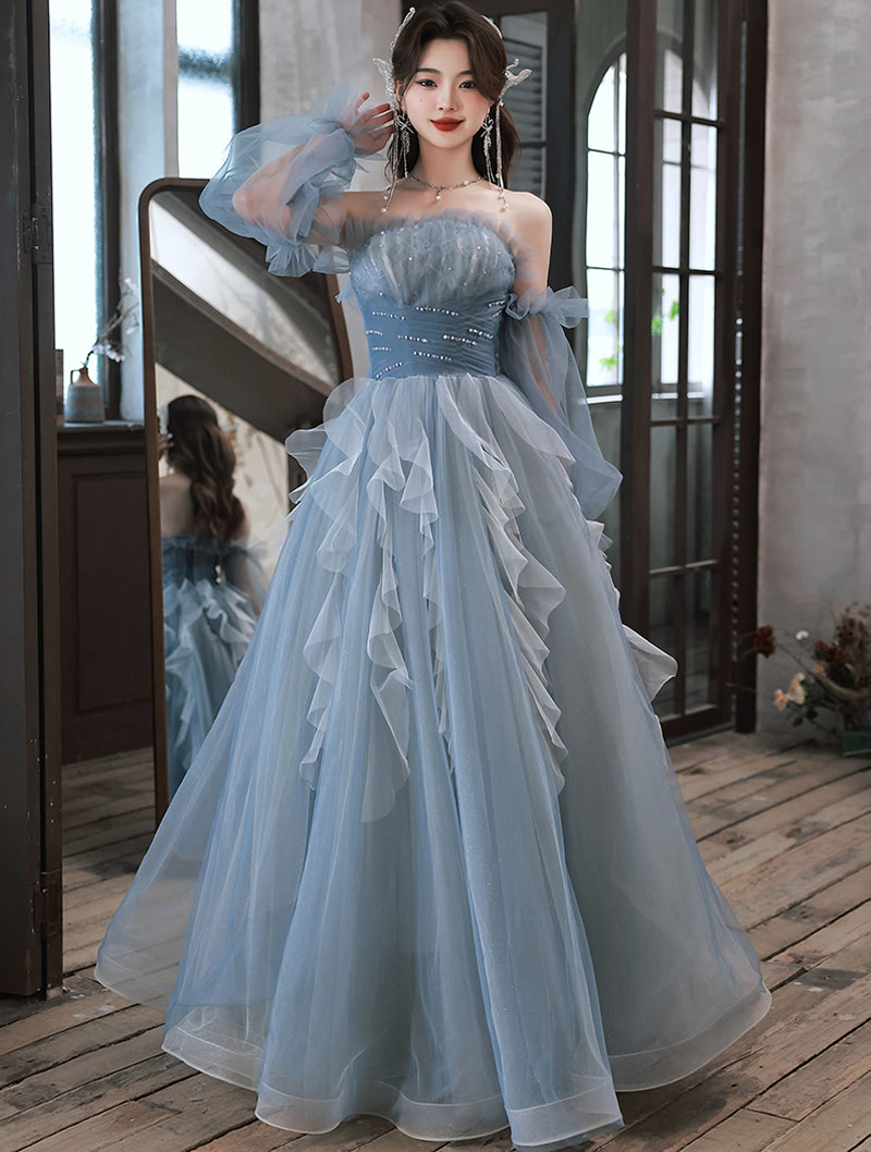 Fairy Blue Off the Shoulder Long Tulle Sleeves Prom Party Maxi Dress03