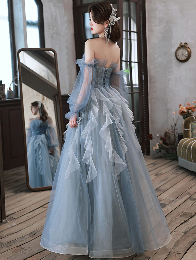Fairy Blue Off the Shoulder Long Tulle Sleeves Prom Party Maxi Dress05