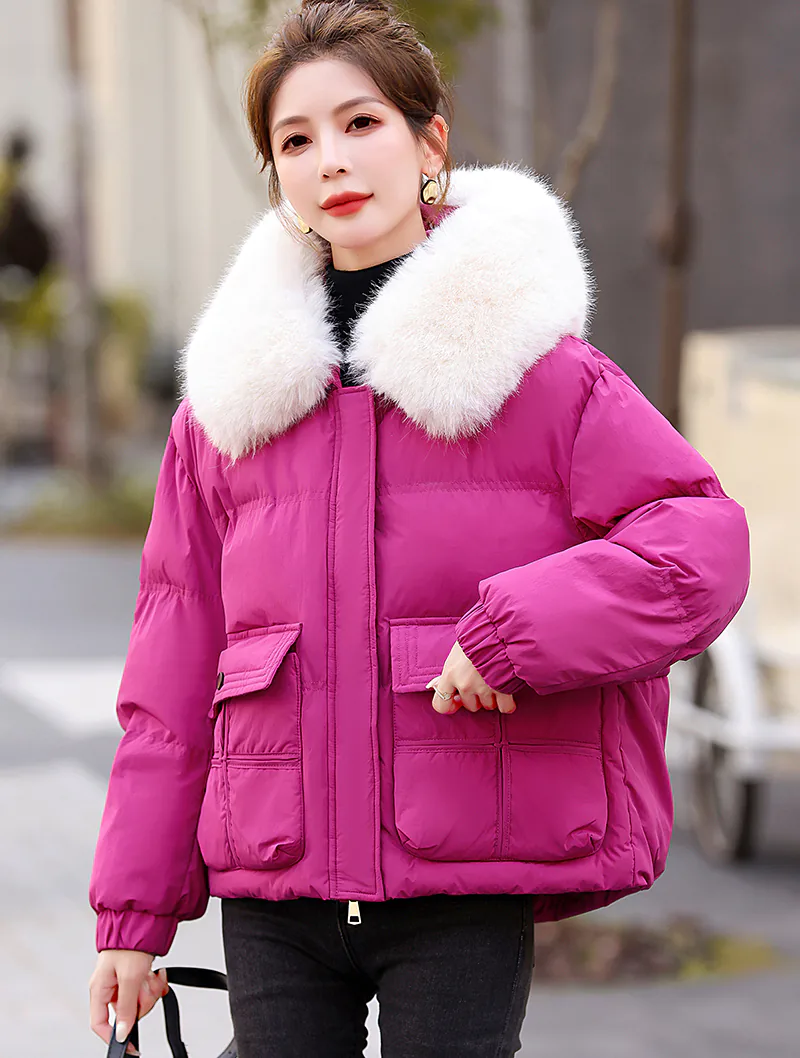 Fashion Solid Color Fur Collar Warm Winter Coat Parka with Pockets01