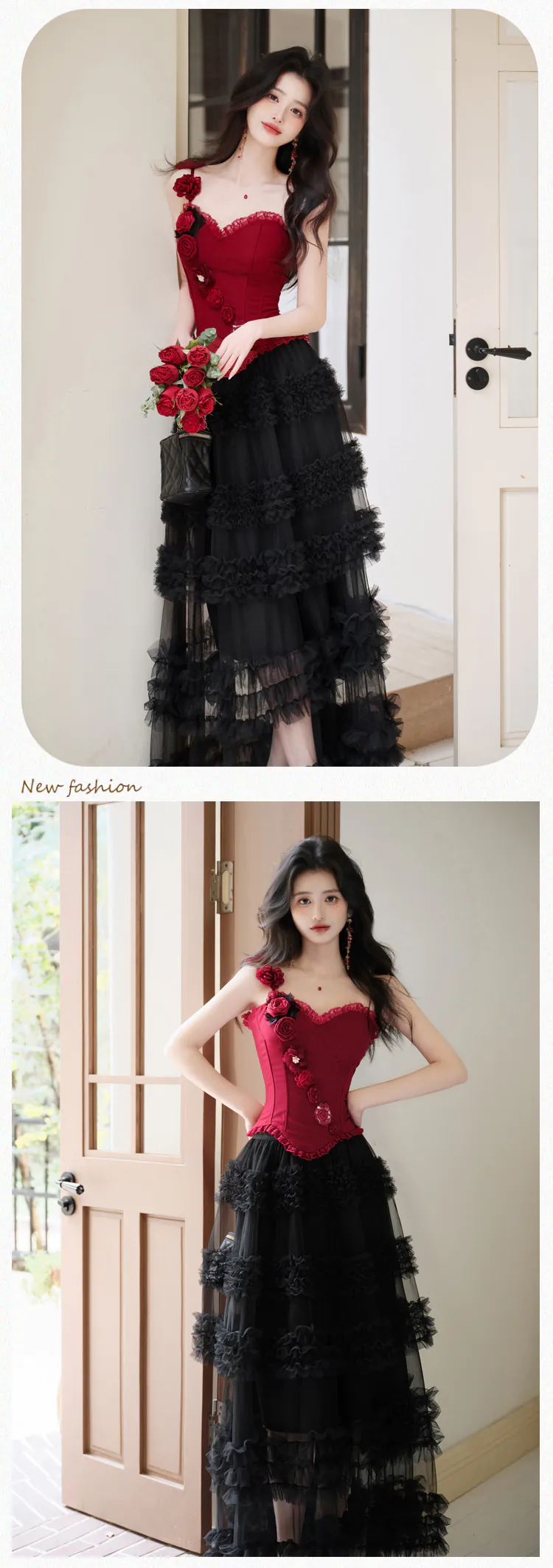 Gothic-3D-Rose-Floral-Corset-Cami-Top-with-Tiered-Ruffled-Tulle-Skirt-Set10