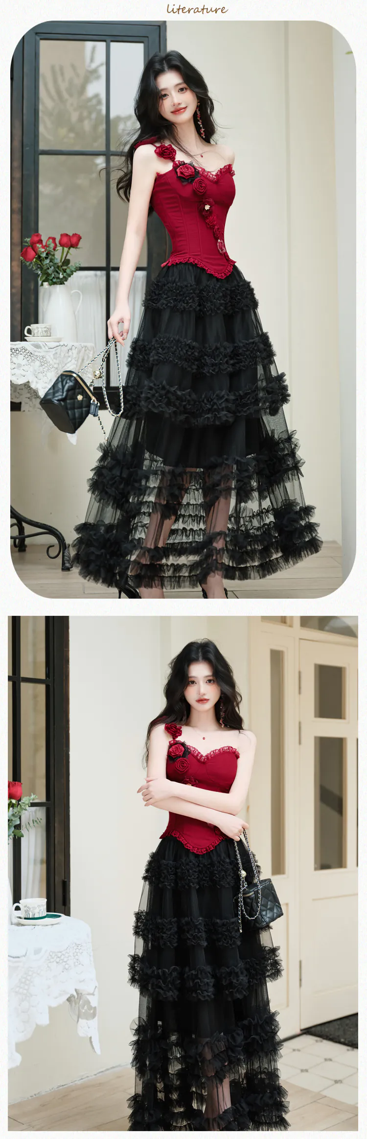 Gothic-3D-Rose-Floral-Corset-Cami-Top-with-Tiered-Ruffled-Tulle-Skirt-Set11
