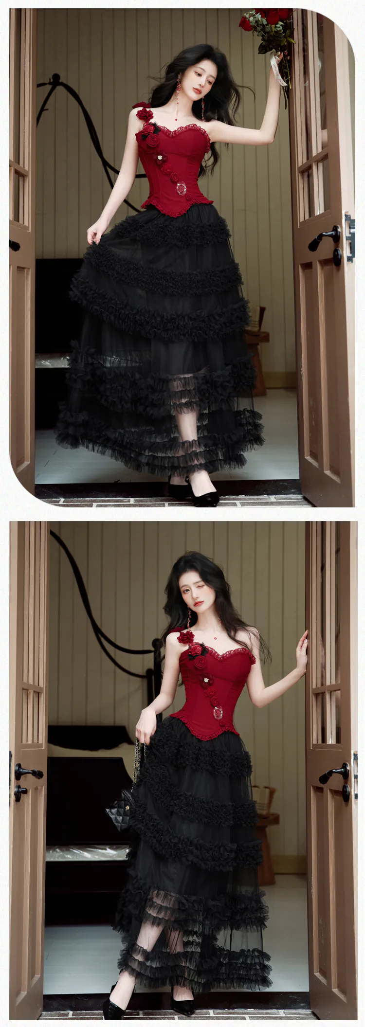 Gothic-3D-Rose-Floral-Corset-Cami-Top-with-Tiered-Ruffled-Tulle-Skirt-Set12