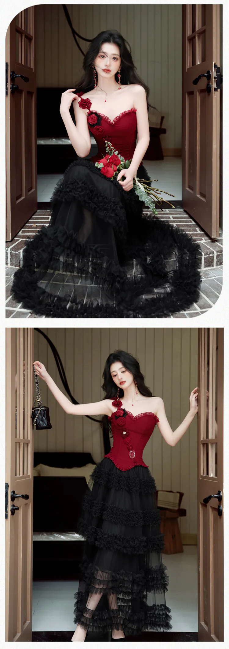 Gothic-3D-Rose-Floral-Corset-Cami-Top-with-Tiered-Ruffled-Tulle-Skirt-Set13