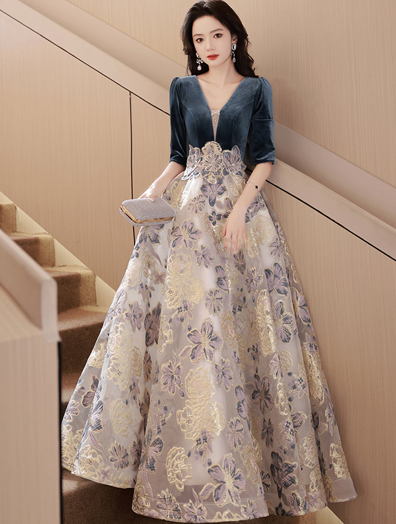 Luxury V neck Dark Blue Evening Dress Velvet Formal Banquet Gown01