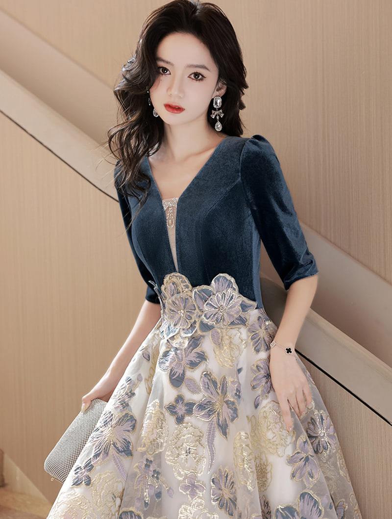 Luxury V-neck Dark Blue Evening Dress Velvet Formal Banquet Gown01