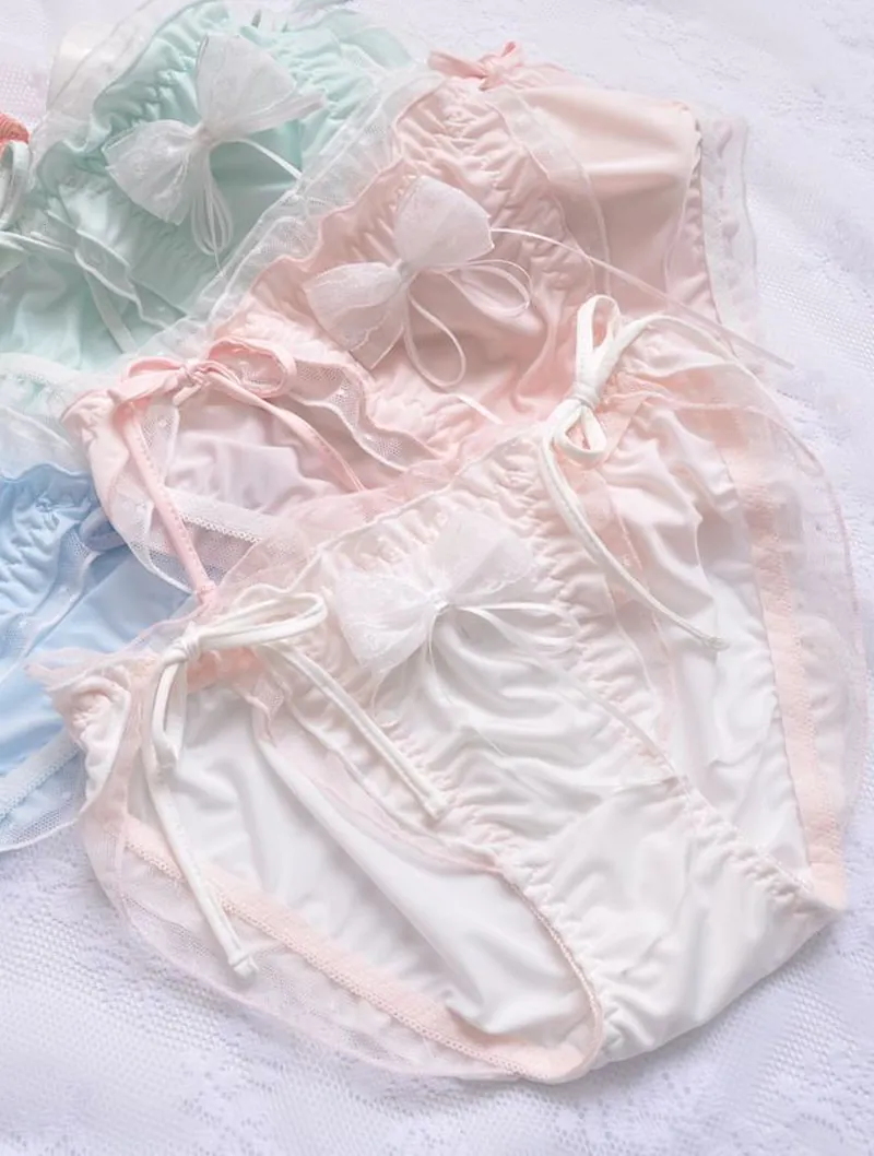 Soft Milk Silk Ruffle Lace Panties Sweet Bowknot Briefs for Ladies01